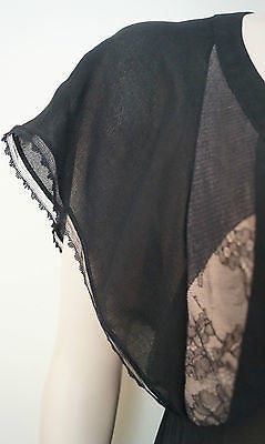 VANESSA BRUNO Black Sheer Plunge V Neck Lace Insert Cap Sleeve Top FR40 UK12
