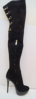 RACHAEL ZOE Black Suede Thigh High Gold Tone Platform Evening Boots EU30 UK6