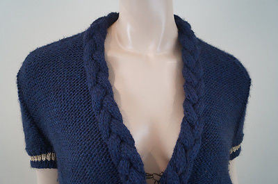 MAJE Navy Blue & Gold Wool / Alpaca Blend Plaited Neckline Cardigan Top Sz:M