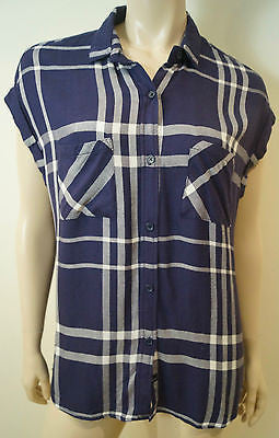 RAILS Blue & Cream Check Cap Sleeve Collared Casual Summer Blouse Shirt Top Sz:M