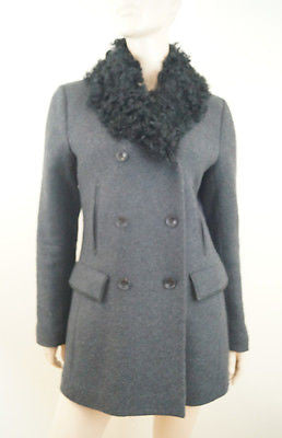 THEORY Grey Wool Cashmere Blend Black Fur Collar Quilt Lined Jacket Sz:L/G