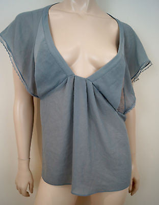 VANESSA BRUNO Pale Grey Plunge V Neck Lace Insert Cap Sleeve Top FR40 UK12