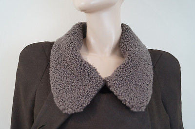 VANESSA BRUNO Chocolate Brown Cotton Lamb Wool Collar Belted Winter Coat SzM