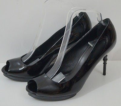 GUCCI Black Patent Leather Peep Toe High Bamboo Heel Platform Sandals EU39.5