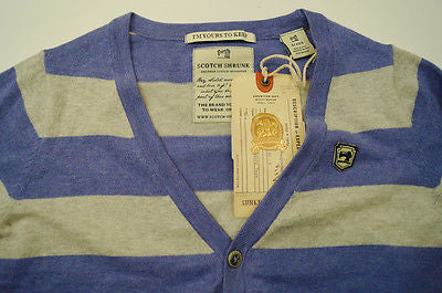 SCOTCH SHRUNK Boy's Purple & Grey Stripe Knitted Cotton V Neck Cardigan Top BNWT