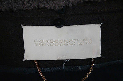 VANESSA BRUNO Chocolate Brown Cotton Lamb Wool Collar Belted Winter Coat SzM