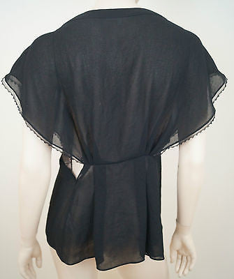 VANESSA BRUNO Black Sheer Plunge V Neck Lace Insert Cap Sleeve Top FR40 UK12