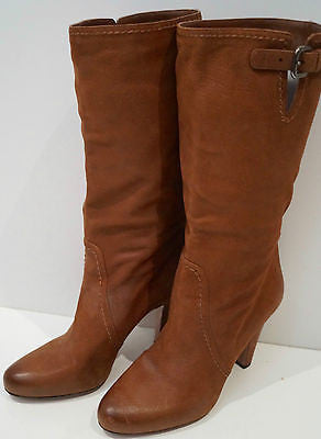 PRADA Tan Soft Leather Calf High Buckle Detail Block Heel Boots EU39 UK6 NEW!