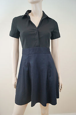 THEORY Black & Navy Wool Linen Blue Short Sleeve Mini Pleated Skater Dress UK8
