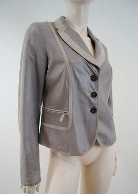 ARMANI COLLEZIONI Grey Soft Lamb Leather & Beige Suede Trim Jacket IT44 UK12