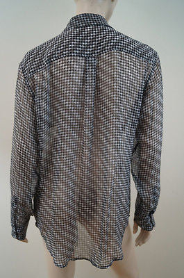 EQUIPMENT FEMME Black Cream Silk Geometric Dogtooth Print Sheer Evening Blouse M
