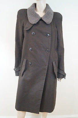 VANESSA BRUNO Chocolate Brown Cotton Lamb Wool Collar Belted Winter Coat SzM