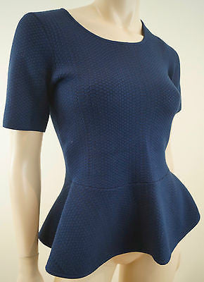 SANDRO Midnight Blue Textured Fabric Round Neck Short Sleeve Peplum Top Sz:M
