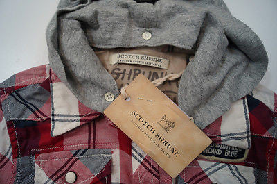 SCOTCH & SODA SHRUNK Red & Cream Checked Long Sleeve Grey Hoodie Shirt Top BNWT