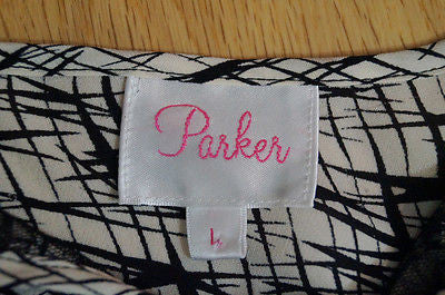 PARKER Black & White 100% Silk Geometric Print Mesh Cut Out Blouse Top Sz:L