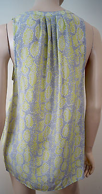 JOIE Grey Lime Green & White 100% Silk Geometric Print V Neck Sleeveless Top M