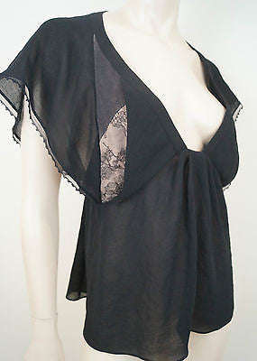 VANESSA BRUNO Black Sheer Plunge V Neck Lace Insert Cap Sleeve Top FR40 UK12