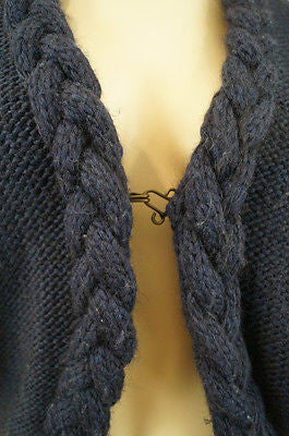 MAJE Navy Blue & Gold Wool / Alpaca Blend Plaited Neckline Cardigan Top Sz:M