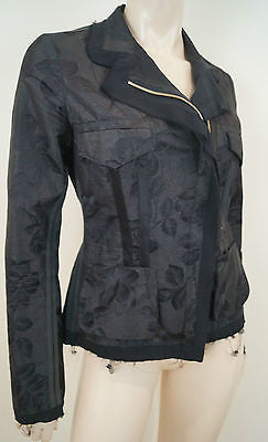 ROBERTO CAVALLI Black Silk Chiffon Detail Zipper Floral Blazer Jacket Sz:M