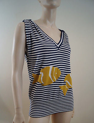 FARHI By NICOLE FARHI Navy White Stripe Fish Detail Cotton Knit Sleeveless Top M