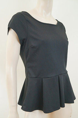 TAHARI Women's Black Scoop Neck Short Sleeve Pleated Peplum Top M