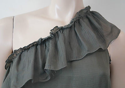 MILLY OF NEW YORK Khaki Olive Green Silk Ruffle Trim One Shoulder Top US8 UK12