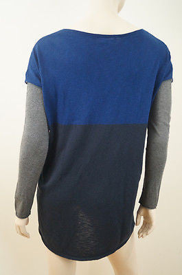 VINCE Blue & Grey Cotton Knit Block Colour Long Sleeve Jumper Sweater Top Sz: S