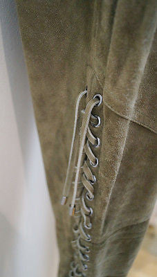 BARBARA BUI Khaki 100% Lambs Leather Suede Tapered Tie Leg Trousers Pants Sz38