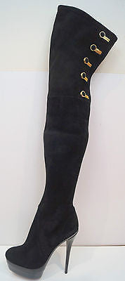 RACHAEL ZOE Black Suede Thigh High Gold Tone Platform Evening Boots EU30 UK6