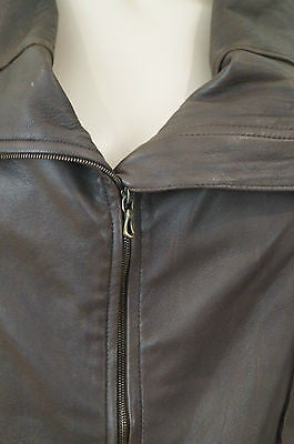 DOM & RUBY Women's Brown Leather Large Collar Fitted Zipper Biker Jacket UK14