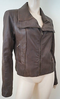 DOM & RUBY Women's Brown Leather Large Collar Fitted Zipper Biker Jacket UK14