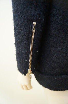 THE KOOPLES Dark Midnight Blue Wool Blend Zipper Biker Jacket Coat Sz38 UK10