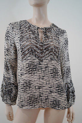 PARKER Black & White 100% Silk Geometric Print Mesh Cut Out Blouse Top Sz:L