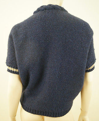 MAJE Navy Blue & Gold Wool / Alpaca Blend Plaited Neckline Cardigan Top Sz:M