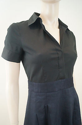 THEORY Black & Navy Wool Linen Blue Short Sleeve Mini Pleated Skater Dress UK8