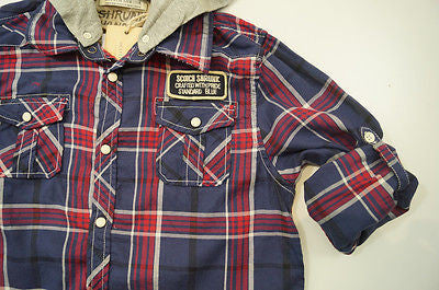 SCOTCH & SODA / SHRUNK Boys Blue & Red Checked Long Sleeve Hoodie Shirt Top BNWT