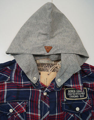 SCOTCH & SODA / SHRUNK Boys Blue & Red Checked Long Sleeve Hoodie Shirt Top BNWT