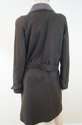 VANESSA BRUNO Chocolate Brown Cotton Lamb Wool Collar Belted Winter Coat SzM