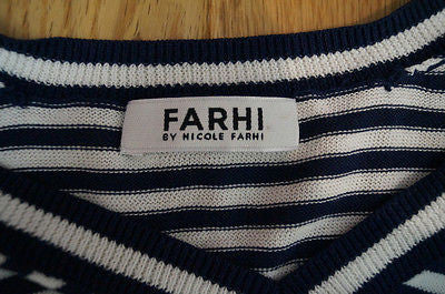FARHI By NICOLE FARHI Navy White Stripe Fish Detail Cotton Knit Sleeveless Top M