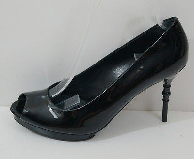 GUCCI Black Patent Leather Peep Toe High Bamboo Heel Platform Sandals EU39.5