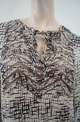 PARKER Black & White 100% Silk Geometric Print Mesh Cut Out Blouse Top Sz:L