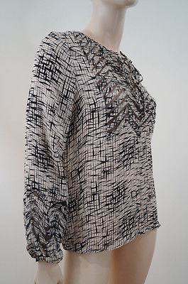 PARKER Black & White 100% Silk Geometric Print Mesh Cut Out Blouse Top Sz:L