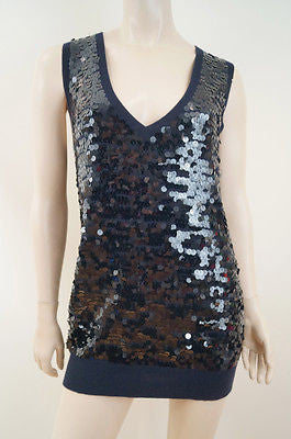 JOSEPH Navy Blue 100% Cashmere Sequin Embellished V Neck Jumper Top Sz:M