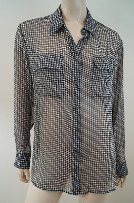 EQUIPMENT FEMME Black Cream Silk Geometric Dogtooth Print Sheer Evening Blouse M