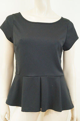 TAHARI Women's Black Scoop Neck Short Sleeve Pleated Peplum Top M