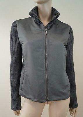 AKRIS PUNTO Grey Sheen Jacket With Wool Ribbed Sleeves & Collar Sz:40; UK12;