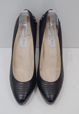 JIMMY CHOO Black Snakeskin Gold Silver Stud High Platform Court Pump Shoes 39.5