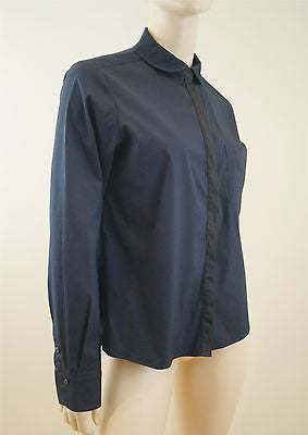 NICOLE FARHI Navy Blue & Black Cotton Blend Collared Blouse Shirt Top UK12