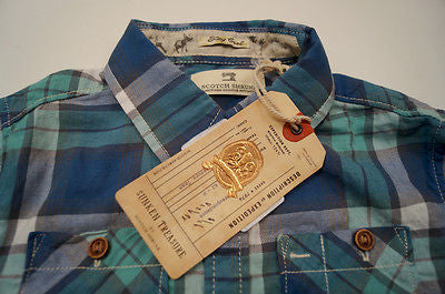 SCOTCH SHRUNK Boys Blue Green Cottton Checked Tartan Long Sleeve Shirt Top BNWT