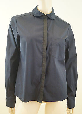 NICOLE FARHI Navy Blue & Black Cotton Blend Collared Blouse Shirt Top UK12